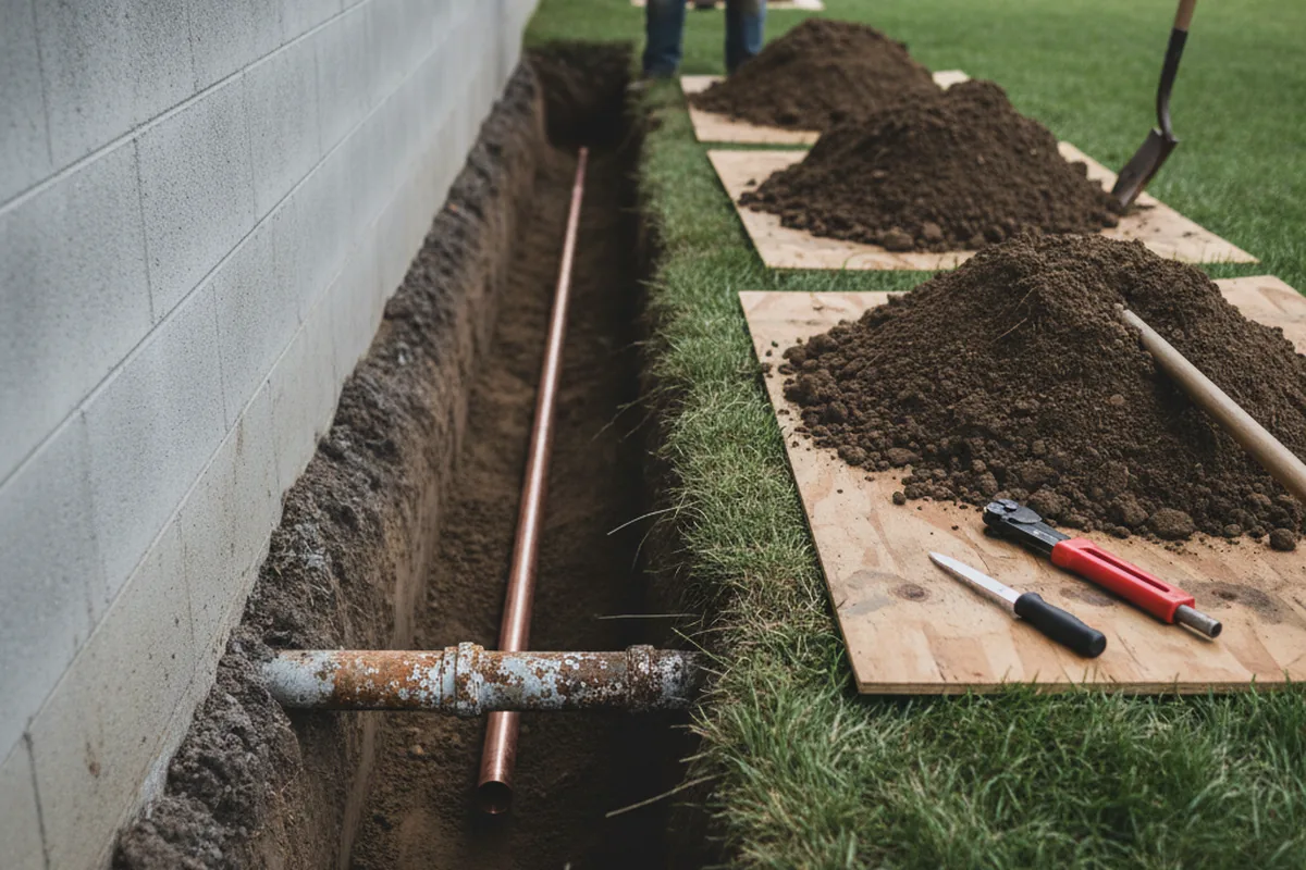 Excavated water line trench during Water Softener Installation in Mackey